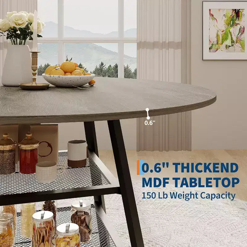 Table à manger ronde pour 4, Table de cuisine de 42 pouces avec étagère de rangement, Design de ferme en bois et métal, Table à manger familiale pour 4-6 personnes