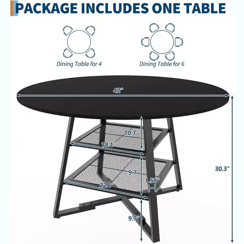 Table à manger ronde pour 4, Table de cuisine de 42 pouces avec étagère de rangement, Design de ferme en bois et métal, Table à manger familiale pour 4-6 personnes