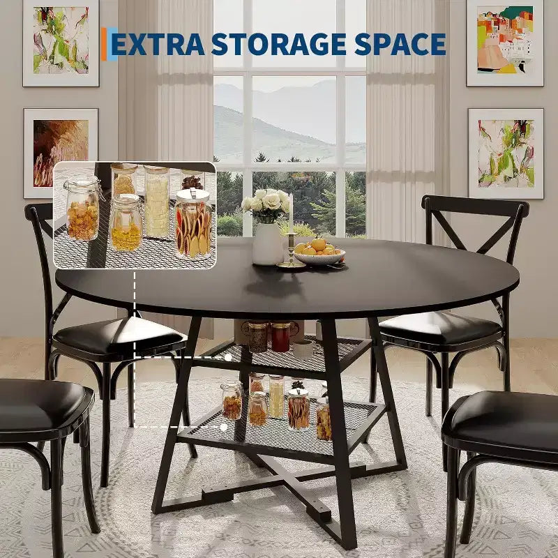 Table à manger ronde pour 4, Table de cuisine de 42 pouces avec étagère de rangement, Design de ferme en bois et métal, Table à manger familiale pour 4-6 personnes