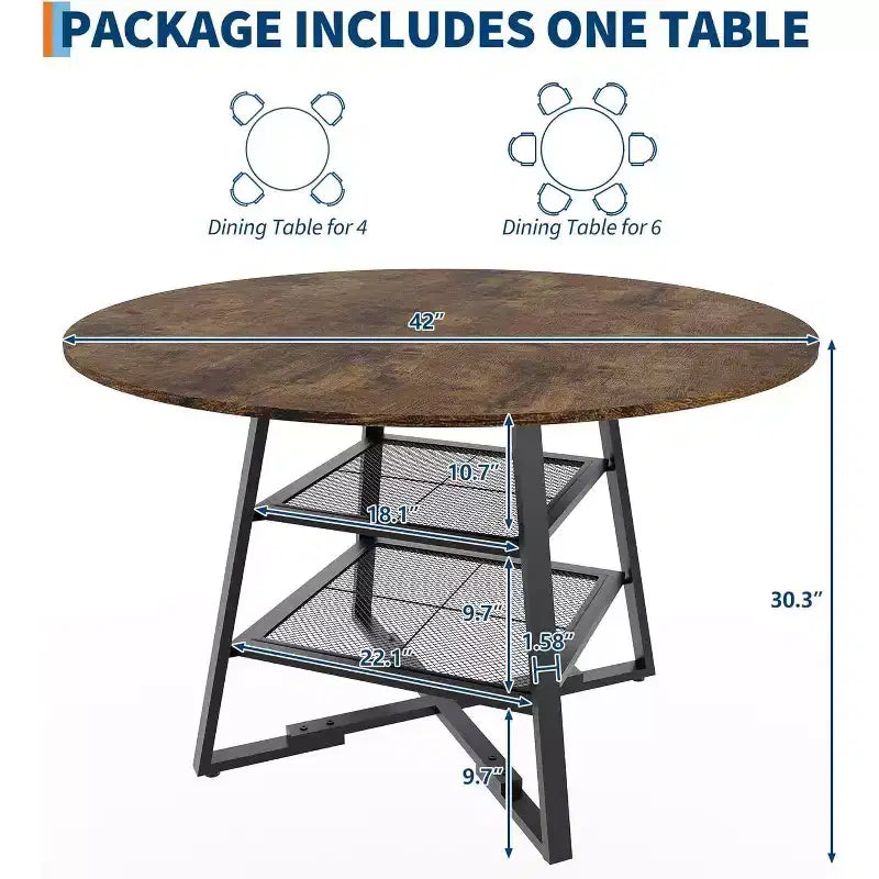 Table à manger ronde pour 4, Table de cuisine de 42 pouces avec étagère de rangement, Design de ferme en bois et métal, Table à manger familiale pour 4-6 personnes