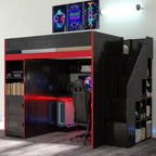 Lit mezzanine de jeu avec bureau, rangements et lumières LED