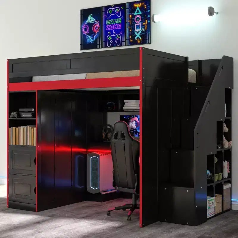 Lit mezzanine de jeu avec bureau, rangements et lumières LED
