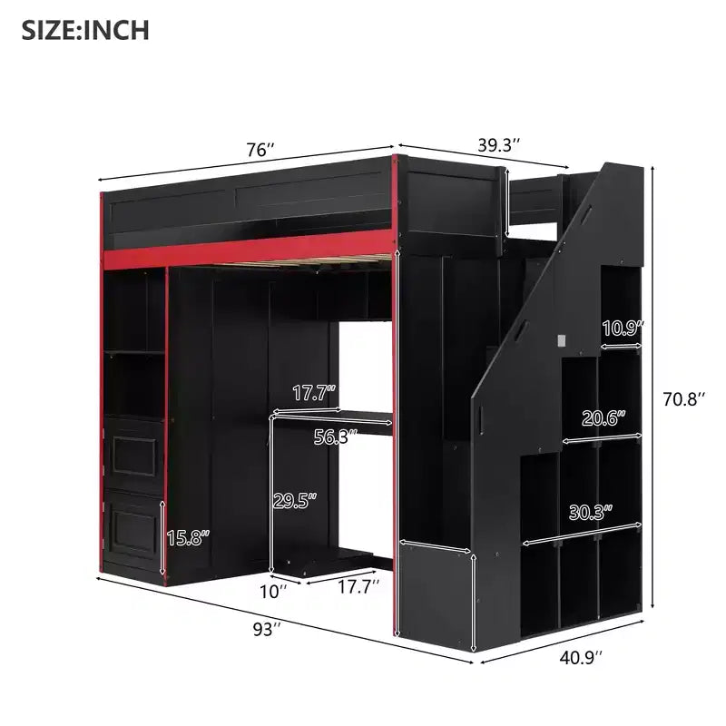 Lit mezzanine de jeu avec bureau, rangements et lumières LED