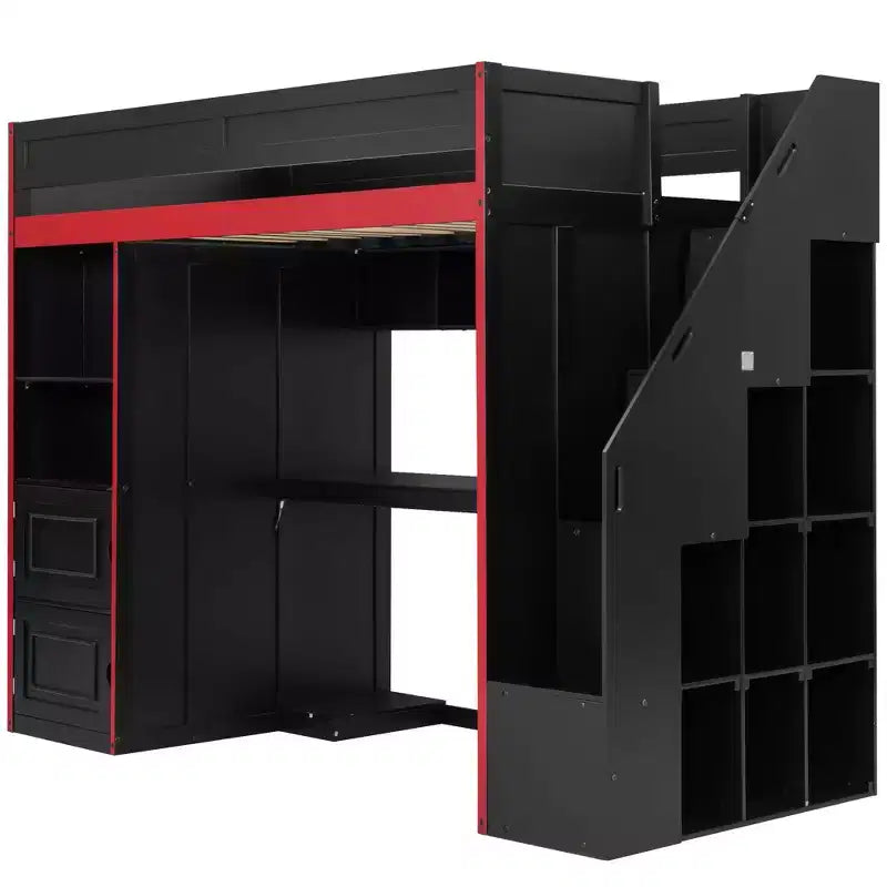 Lit mezzanine de jeu avec bureau, rangements et lumières LED