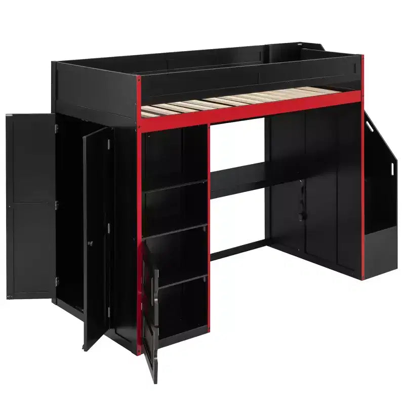 Lit mezzanine de jeu avec bureau, rangements et lumières LED