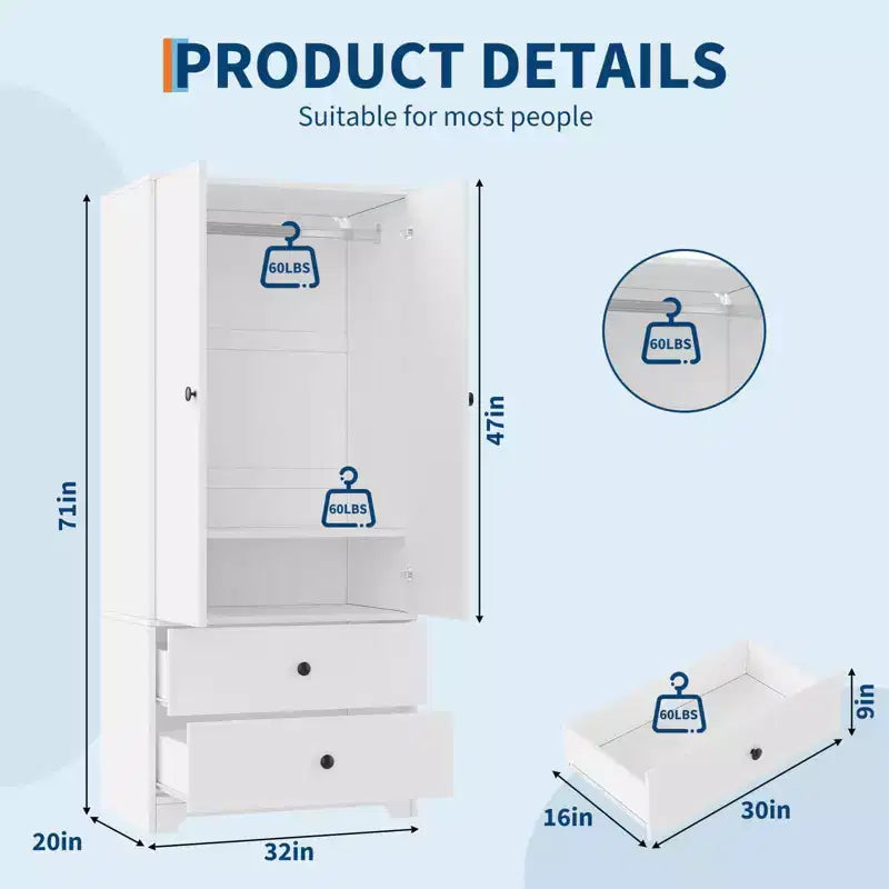 Armoire de rangement à 2 portes, buffet/bahut à panneaux plats en MDF pour chambre, salle à manger et maison