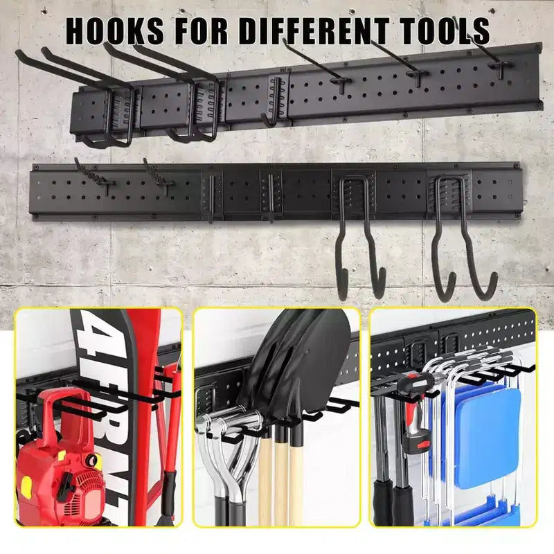 Organisateur d'outils, organisateur de garage, rangement mural robuste pour outils de jardin, 66 x 16 pièces, avec 12 crochets réglables