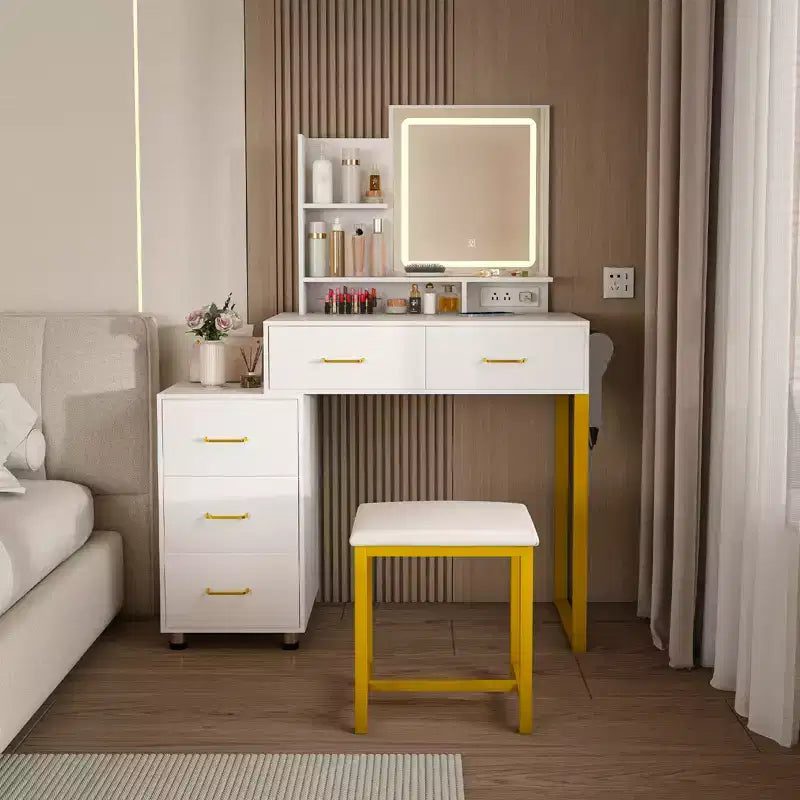 Makeup Vanity with LED Lights 3 Color Modes, Dressing Table with Power Outlet, 5 Drawers & Metal Chair for Bedroom