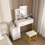 Coiffeuse de maquillage avec lumières LED 3 modes de couleur, table de toilette avec prise électrique, 5 tiroirs et chaise en métal pour chambre à coucher