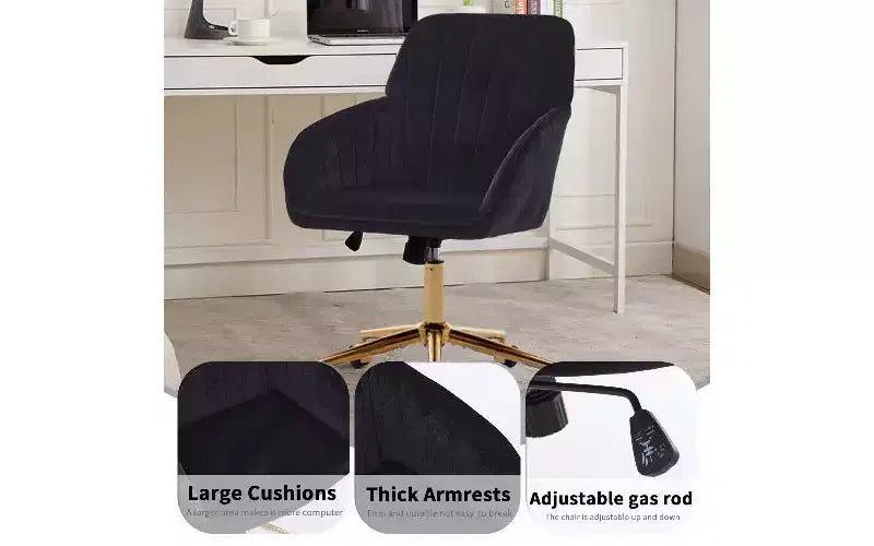Chaise de bureau ergonomique de luxe, chaise de bureau à domicile en velours avec base en métal plaqué or, chaise pivotante réglable, chaise de coiffeuse