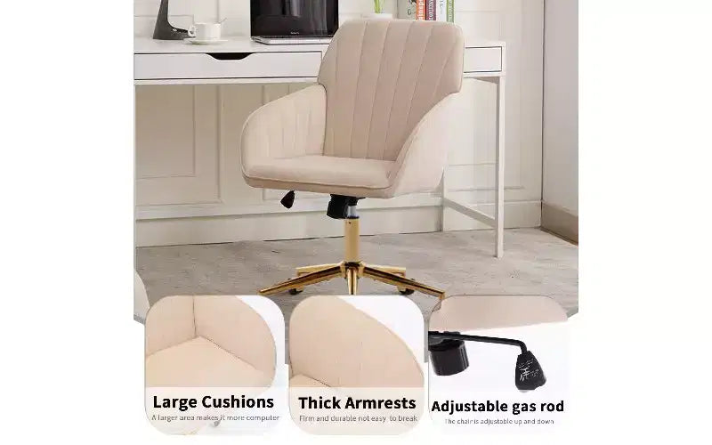 Chaise de bureau ergonomique de luxe, chaise de bureau à domicile en velours avec base en métal plaqué or, chaise pivotante réglable, chaise de coiffeuse