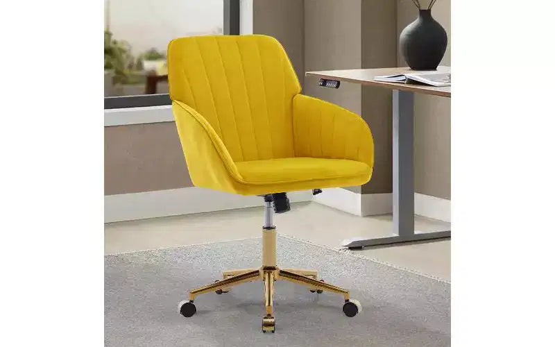 Chaise de bureau ergonomique de luxe, chaise de bureau à domicile en velours avec base en métal plaqué or, chaise pivotante réglable, chaise de coiffeuse
