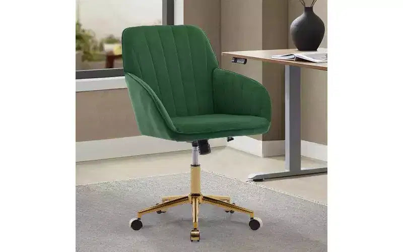 Chaise de bureau ergonomique de luxe, chaise de bureau à domicile en velours avec base en métal plaqué or, chaise pivotante réglable, chaise de coiffeuse