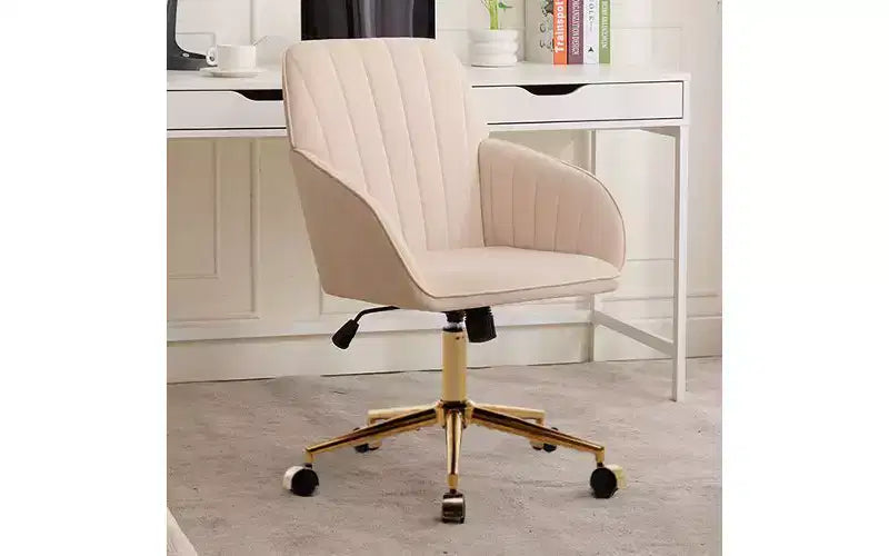 Chaise de bureau ergonomique de luxe, chaise de bureau à domicile en velours avec base en métal plaqué or, chaise pivotante réglable, chaise de coiffeuse