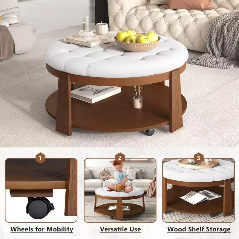 Table basse ottomane ronde, grande table basse rembourrée à 2 niveaux avec boutons touffetés et roulettes, repose-pieds ottoman en tissu imperméable pour salon