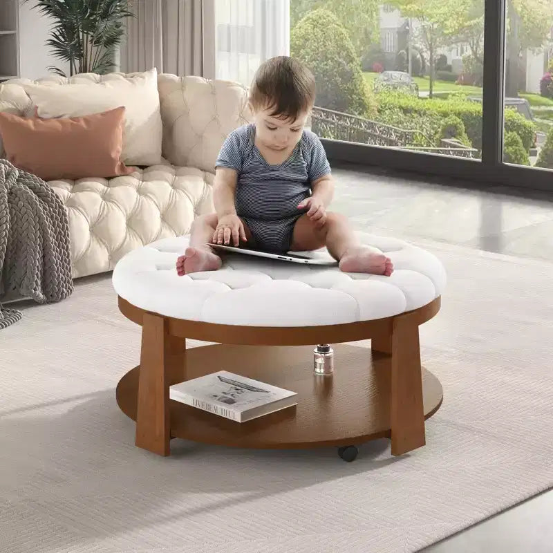 Table basse ottomane ronde, grande table basse rembourrée à 2 niveaux avec boutons touffetés et roulettes, repose-pieds ottoman en tissu imperméable pour salon