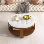 Table basse ottomane ronde, grande table basse rembourrée à 2 niveaux avec boutons touffetés et roulettes, repose-pieds ottoman en tissu imperméable pour salon