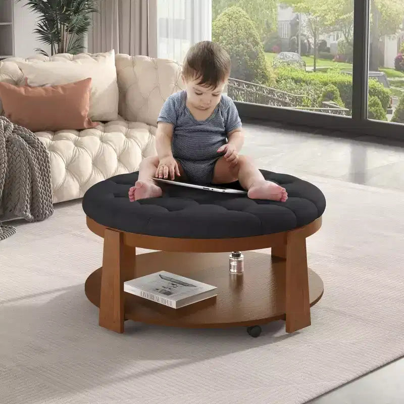 Table basse ottomane ronde, grande table basse rembourrée à 2 niveaux avec boutons touffetés et roulettes, repose-pieds ottoman en tissu imperméable pour salon