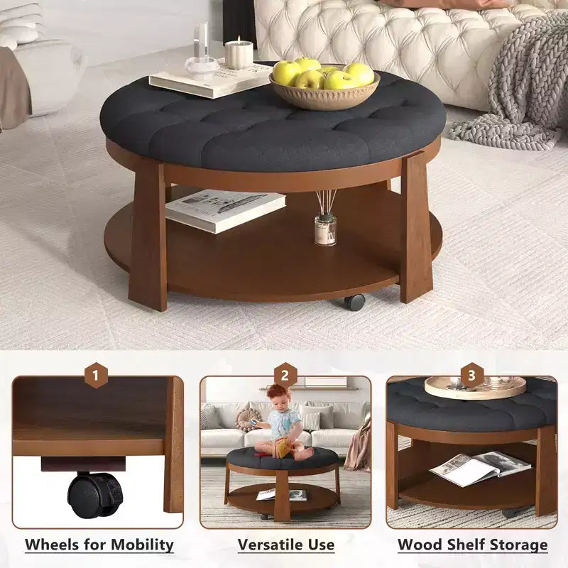 Table basse ottomane ronde, grande table basse rembourrée à 2 niveaux avec boutons touffetés et roulettes, repose-pieds ottoman en tissu imperméable pour salon