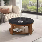 Table basse ottomane ronde, grande table basse rembourrée à 2 niveaux avec boutons touffetés et roulettes, repose-pieds ottoman en tissu imperméable pour salon