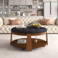Round Ottoman Coffee Table, Large 2-Tier Button Tufted Upholstered Coffee Table with Wheels, Waterproof Fabric Footrest Ottoman for Living Room