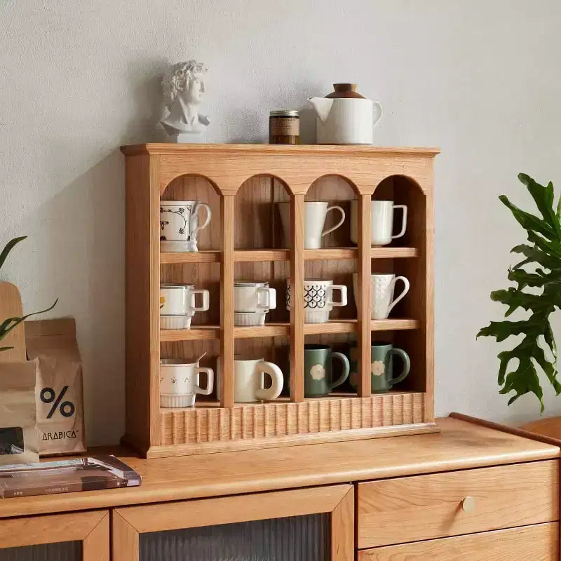 Vintage Solid Cherry Wood Pigeonhole Cabinet, Countertop Kitchen Shelves Organizer with Arched Cubbies for Spices or Tea Cups - Panipeachy