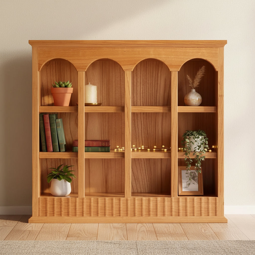 Meuble de rangement vintage en bois de cerisier massif avec casiers, étagères de cuisine à poser avec niches cintrées pour épices ou tasses à thé