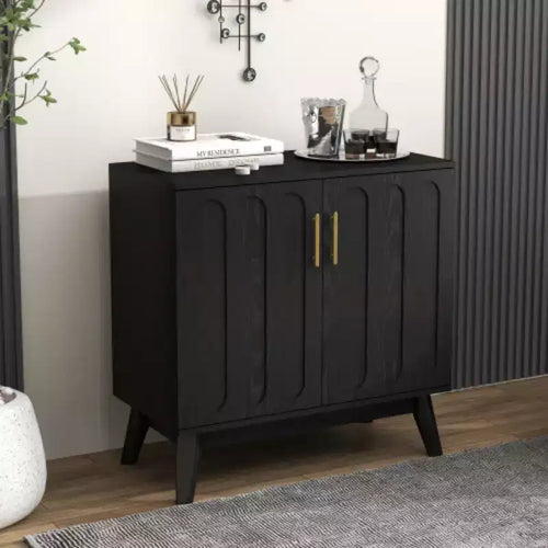 Meuble de rangement d'appoint cannelé de style moderne du milieu du siècle de 32 po, petit buffet à 2 portes avec pieds en bois massif et poignées dorées