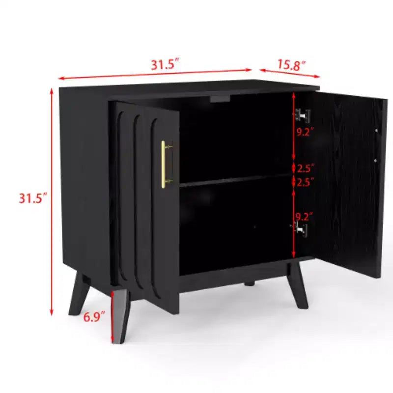 Meuble de rangement d'appoint cannelé de style moderne du milieu du siècle de 32 po, petit buffet à 2 portes avec pieds en bois massif et poignées dorées