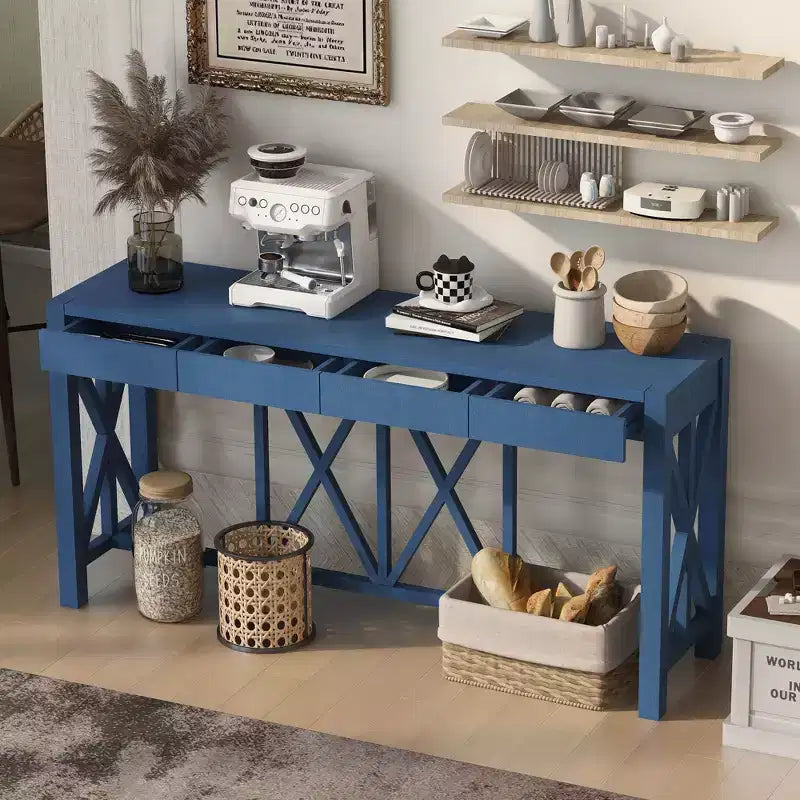 Console en bois d'acacia de 60 po avec 4 tiroirs, table d'entrée de ferme avec pieds en X, table console mince pour salon, cuisine, couloir