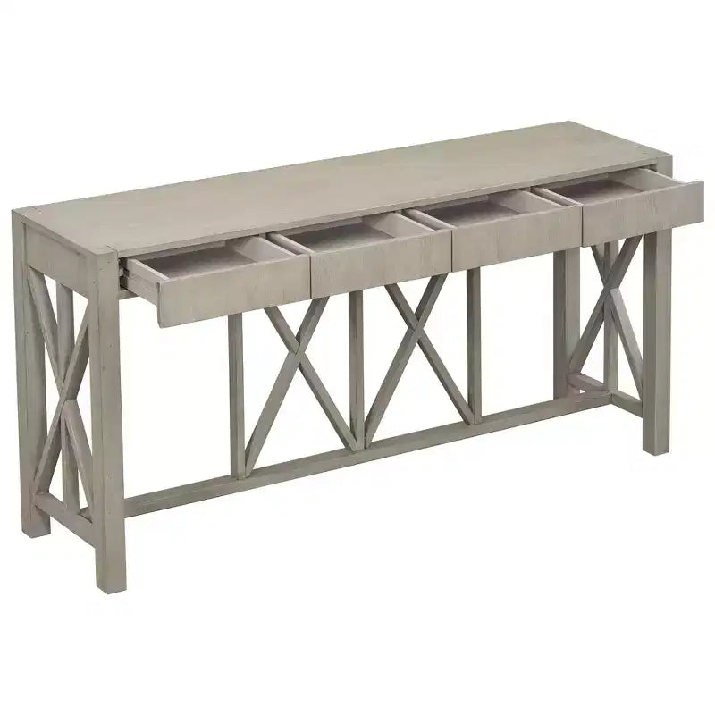 Console en bois d'acacia de 60 po avec 4 tiroirs, table d'entrée de ferme avec pieds en X, table console mince pour salon, cuisine, couloir