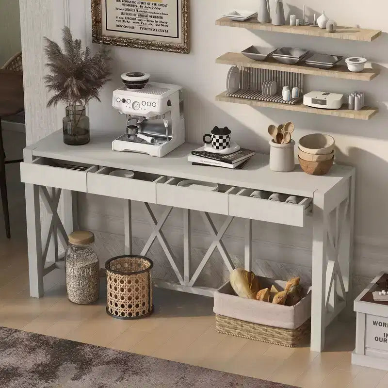 Console en bois d'acacia de 60 po avec 4 tiroirs, table d'entrée de ferme avec pieds en X, table console mince pour salon, cuisine, couloir
