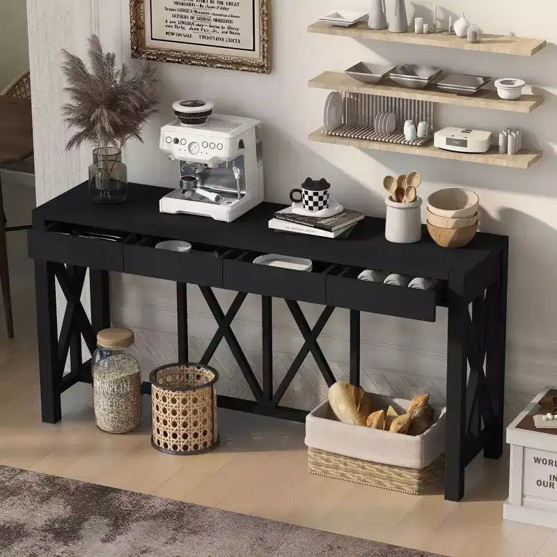 Console en bois d'acacia de 60 po avec 4 tiroirs, table d'entrée de ferme avec pieds en X, table console mince pour salon, cuisine, couloir