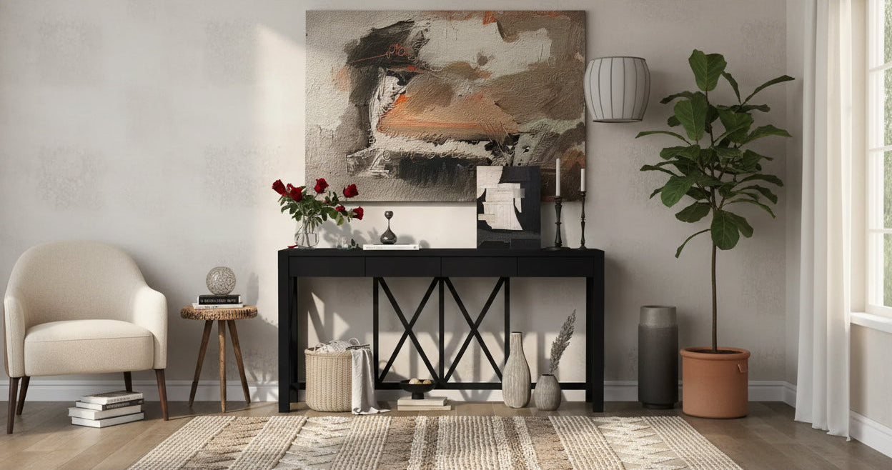 Console en bois d'acacia de 60 po avec 4 tiroirs, table d'entrée de ferme avec pieds en X, table console mince pour salon, cuisine, couloir