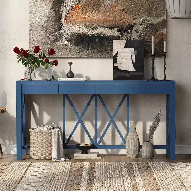Console en bois d'acacia de 60 po avec 4 tiroirs, table d'entrée de ferme avec pieds en X, table console mince pour salon, cuisine, couloir
