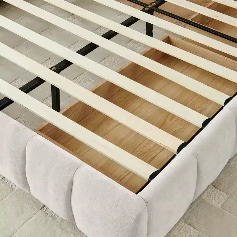 Lit capitonné King Size avec tête de lit Cadre de lit solide avec tiroir pour chambre à coucher Beige
