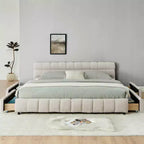 Lit capitonné King Size avec tête de lit Cadre de lit solide avec tiroir pour chambre à coucher Beige