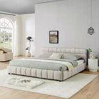Lit capitonné King Size avec tête de lit Cadre de lit solide avec tiroir pour chambre à coucher Beige