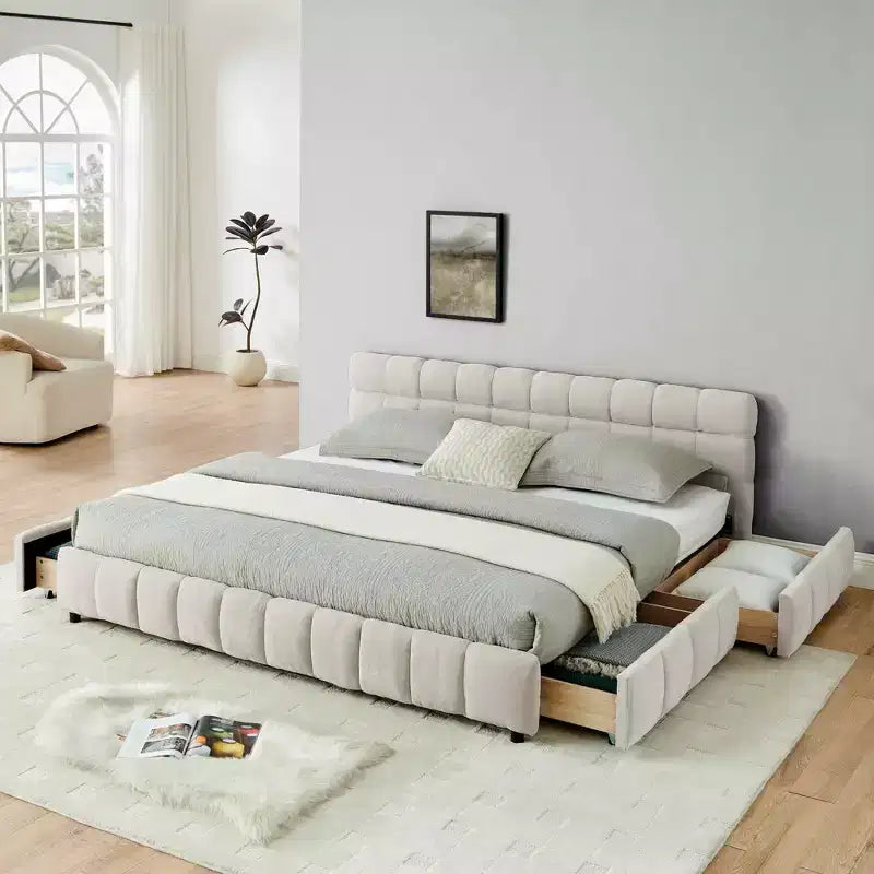 Lit capitonné King Size avec tête de lit Cadre de lit solide avec tiroir pour chambre à coucher Beige