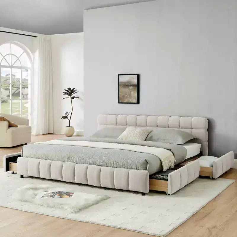 Lit capitonné King Size avec tête de lit Cadre de lit solide avec tiroir pour chambre à coucher Beige