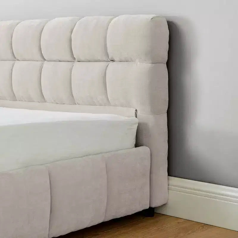 Lit capitonné King Size avec tête de lit Cadre de lit solide avec tiroir pour chambre à coucher Beige