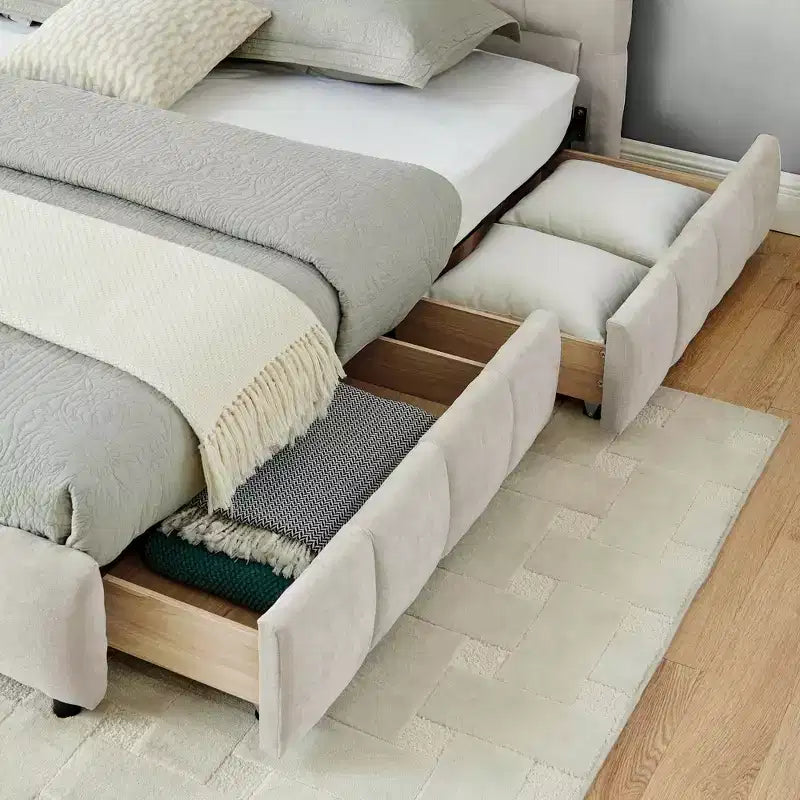Lit capitonné King Size avec tête de lit Cadre de lit solide avec tiroir pour chambre à coucher Beige