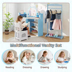 Coiffeuse d'angle pour enfants avec lumières, 3 étagères de rangement, 5 compartiments ouverts, accessoires Rose/Bleu + Blanc