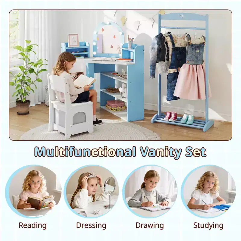Coiffeuse d'angle pour enfants avec lumières, 3 étagères de rangement, 5 compartiments ouverts, accessoires Rose/Bleu + Blanc