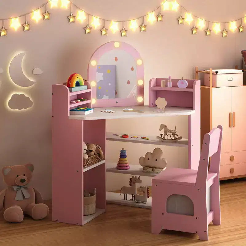 Coiffeuse d'angle pour enfants avec lumières, 3 étagères de rangement, 5 compartiments ouverts, accessoires Rose/Bleu + Blanc