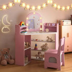 Coiffeuse d'angle pour enfants avec lumières, 3 étagères de rangement, 5 compartiments ouverts, accessoires Rose/Bleu + Blanc