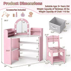 Coiffeuse d'angle pour enfants avec lumières, 3 étagères de rangement, 5 compartiments ouverts, accessoires Rose/Bleu + Blanc