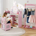 Coiffeuse d'angle pour enfants avec lumières, 3 étagères de rangement, 5 compartiments ouverts, accessoires Rose/Bleu + Blanc