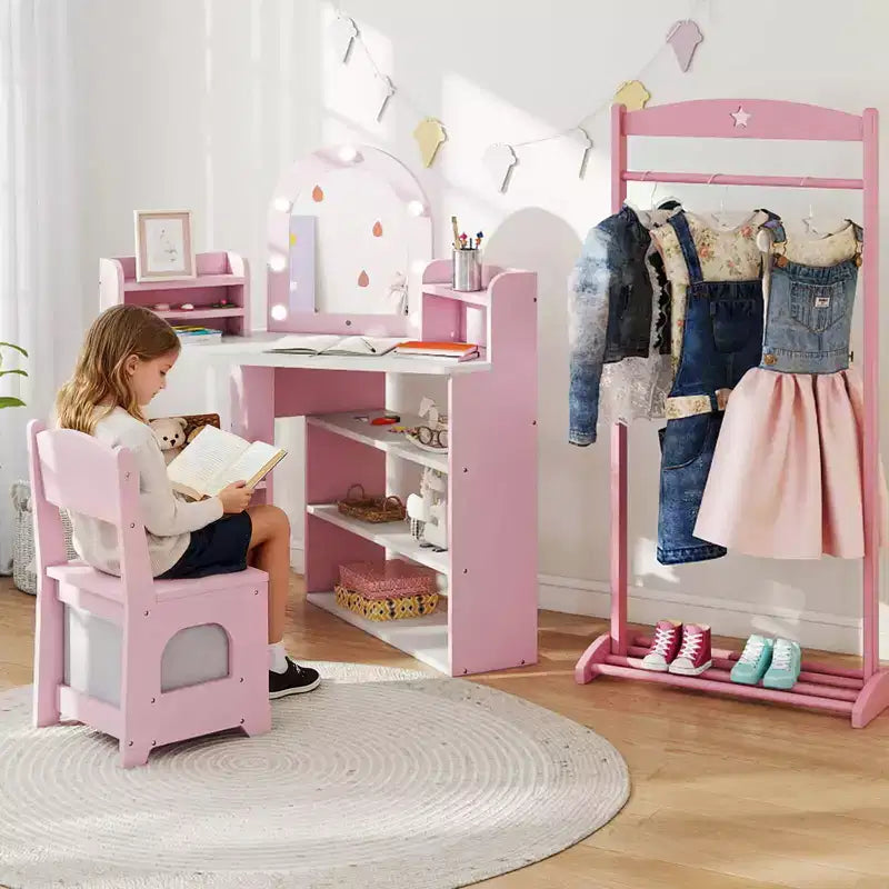 Coiffeuse d'angle pour enfants avec lumières, 3 étagères de rangement, 5 compartiments ouverts, accessoires Rose/Bleu + Blanc