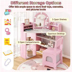 Coiffeuse d'angle pour enfants avec lumières, 3 étagères de rangement, 5 compartiments ouverts, accessoires Rose/Bleu + Blanc